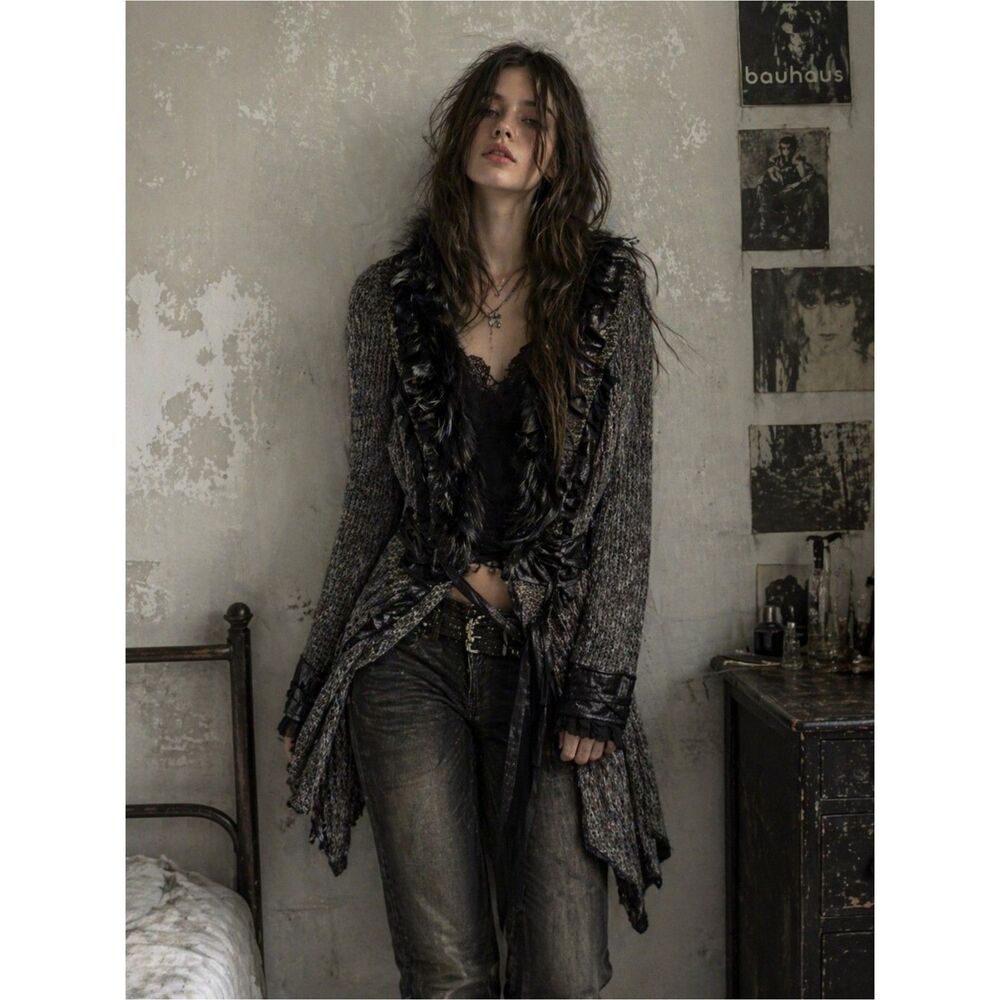 Dolce Cabo Boucle Cardigan Sweater Racoon Fur Witchy Grunge Goth Punk Medium - Picture 2 of 7